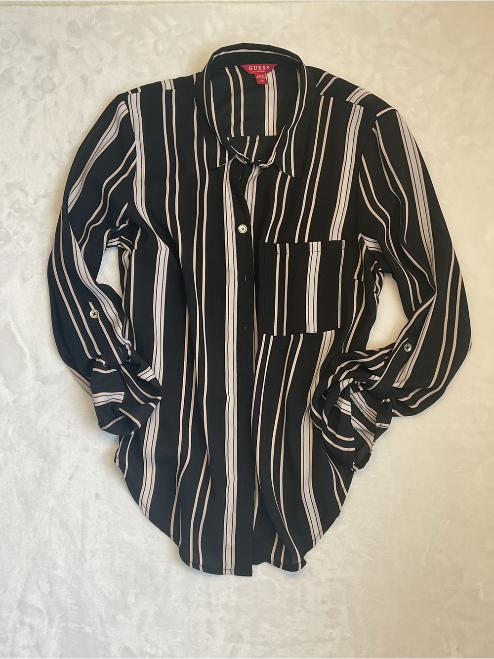 GUESS Black Button-Down Shirt with Ivory Stripes